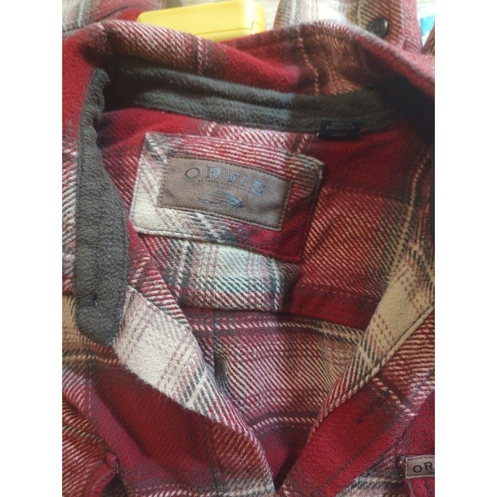 Orvis Flannel Shirt Jacket Mens Medium Red Plaid Lined Shacket Cotton Pockets